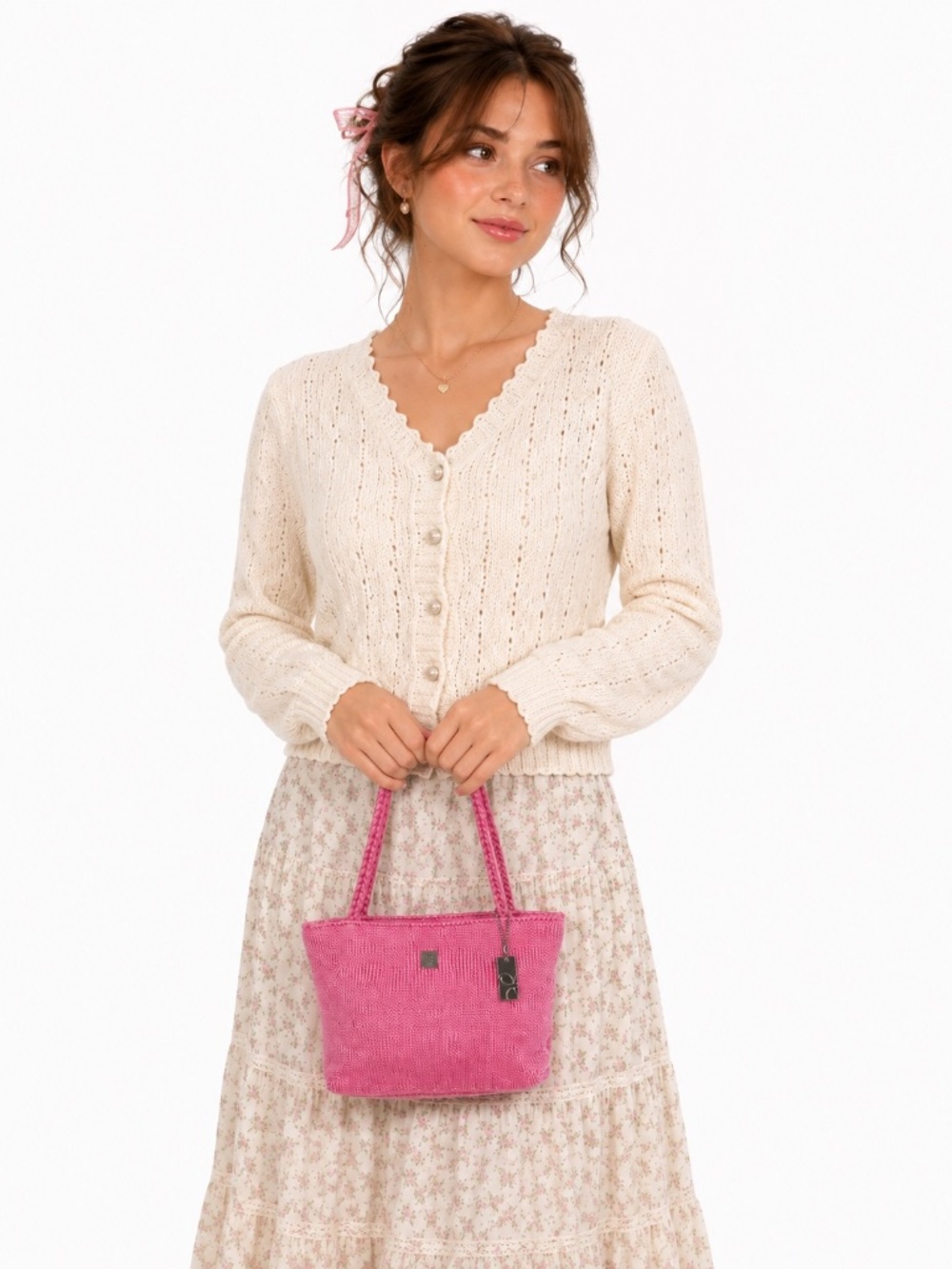 Vintage Lina Pink Knit Tote Crochet Shoulder Bag Braided Handles coquette fairy